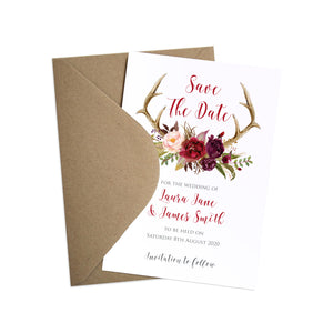 Boho Floral Antler Save the Date Cards, Rustic Wedding Invitation, Floral Wedding Invitation, Red Rose, Rustic Country, 10 Pack