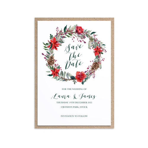 Winter Rose Save the Date Cards, Christmas Wedding, Festive Wedding, Holly Wreath, Poinsettia, 10 Pack