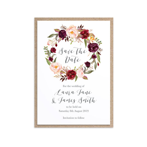 Boho Red Rose Save the Date Cards, Burgundy Invite, Red Roses, Red Wedding, Boho Floral Wedding, 10 Pack