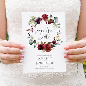 Red and Gold Save the Date Cards, Ruby Red, Burgundy, Blush, Red Floral, 10 Pack