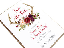 Boho Floral Antler Save the Date Cards, Rustic Wedding Invitation, Floral Wedding Invitation, Red Rose, Rustic Country, 10 Pack