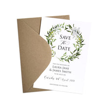 Greenery Save the Date Cards, Watercolour Foliage, Greenery, Eucalyptus, Green Wreath, Botanical Wedding, 10 Pack