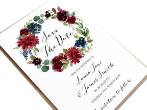 Burgundy, Navy & Blush Floral Save the Date Cards, Burgundy Navy Invite, Rustic Floral, Blush Wedding Invite, Boho Floral Wedding, 10 Pack