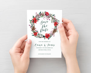 Winter Rose Save the Date Cards, Christmas Wedding, Festive Wedding, Holly Wreath, Poinsettia, 10 Pack