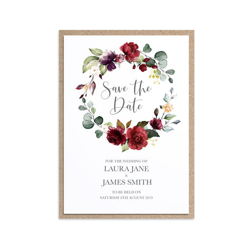Red and Gold Save the Date Cards, Ruby Red, Burgundy, Blush, Red Floral, 10 Pack