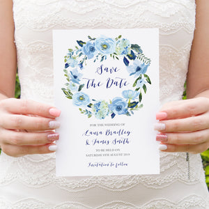 Blue Floral Save the Date Cards, Blue Watercolour flowers, Baby Blue, Pastel Blue Wedding, 10 Pack
