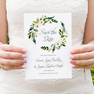 White Wedding Save the Date Cards, White Floral Watercolour, White Peony, White Rose Invites, Botanical Wedding, 10 Pack