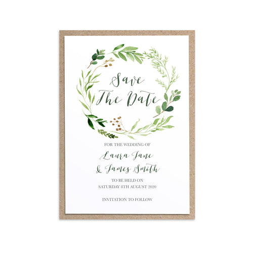 Green Leaf Save the Date Cards, Watercolour Foliage, Greenery, Eucalyptus, Green Wreath, Botanical Wedding, 10 Pack