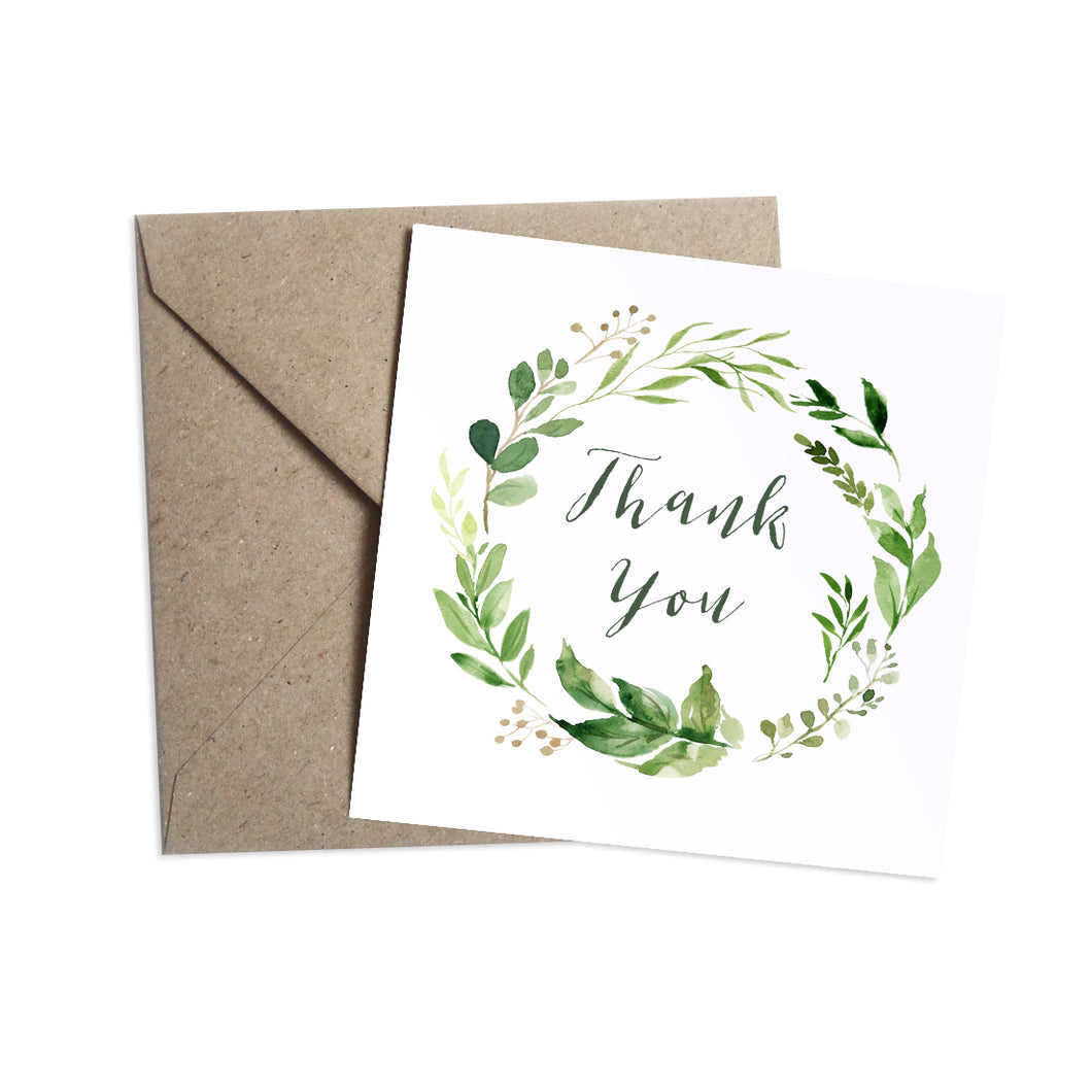 Green Leaf Thank you cards, Watercolour Foliage, Greenery, Eucalyptus Invites, Green Wreath, Botanical Wedding, 10 Pack