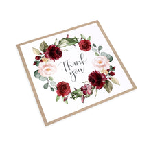Red and Gold Thank you cards, Ruby Red, Burgundy, Blush, Red Floral, 10 Pack