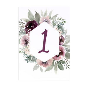 Plum Floral Table Numbers, Table Names, Purple Wedding, Lilac, Mauve, Purple and Blush, 5 Pack