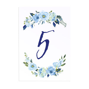 Blue Floral Table Numbers, Table Names, Blue Watercolour flowers, Baby Blue, Pastel Blue Wedding, 5 Pack