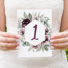 Plum Floral Table Numbers, Table Names, Purple Wedding, Lilac, Mauve, Purple and Blush, 5 Pack