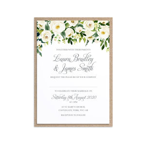 White Wedding Invitations, Floral Drop, White Floral Watercolour, White Peony, White Rose Invites, Botanical Wedding, 10 Pack