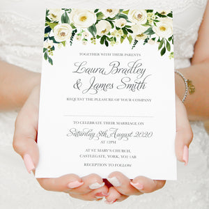 White Wedding Invitations, Floral Drop, White Floral Watercolour, White Peony, White Rose Invites, Botanical Wedding, 10 Pack