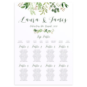 Green Leaf Table Plan, Seating Plan, Watercolour Foliage, Greenery, Eucalyptus Invites, Green Wreath, Botanical Wedding, A2 Size