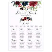 Burgundy, Navy & Blush Floral Table Plan, Seating Plan, Rustic Wedding Invitation, Floral Wedding Invitation, Red Rose, Rustic Country, A2 Size