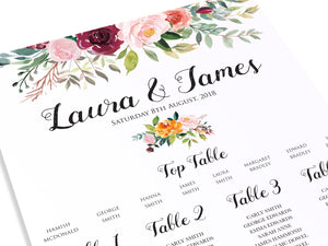 Paprika Table Plan, Seating Plan, Orange Floral Wedding Invitation, Autumn Wedding, Fall Wedding, A2 Size