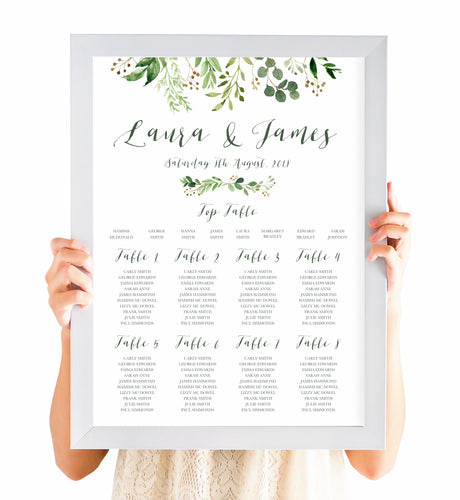 Green Leaf Table Plan, Seating Plan, Watercolour Foliage, Greenery, Eucalyptus Invites, Green Wreath, Botanical Wedding, A2 Size