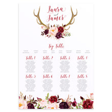 Boho Floral Antler Table Plan, Seating Plan, Rustic Wedding Invitation, Floral Wedding Invitation, Red Rose, Rustic Country, A2 Size