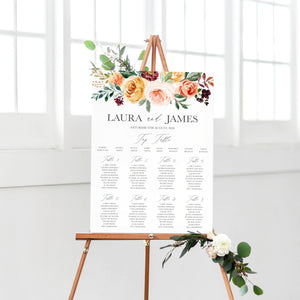 Autumn Floral Table Plan, Seating Plan, Autumn Wedding, Fall Wedding, Burgundy & Orange, Peach Wedding, A2 Size