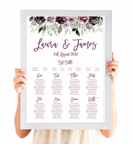 Plum Floral Table Plan, Seating Plan, Purple Wedding, Lilac, Mauve, Purple and Blush, A2 Size