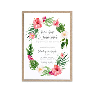 Tropical Floral Wedding Invitations, Floral Wreath, Beach Wedding, Tropical Wedding, 10 Pack