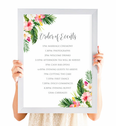 Tropical Floral Order of Events Poster, Welcome Sign, Beach Wedding, Tropical Wedding