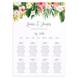 Tropical Floral Table Plan, Seating Plan, Beach Wedding, Tropical Wedding, A2 Size