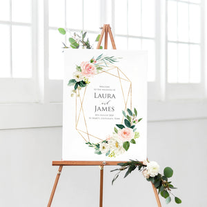 Blush and Gold Welcome Sign, Pink Watercolour flowers, Blush Wedding