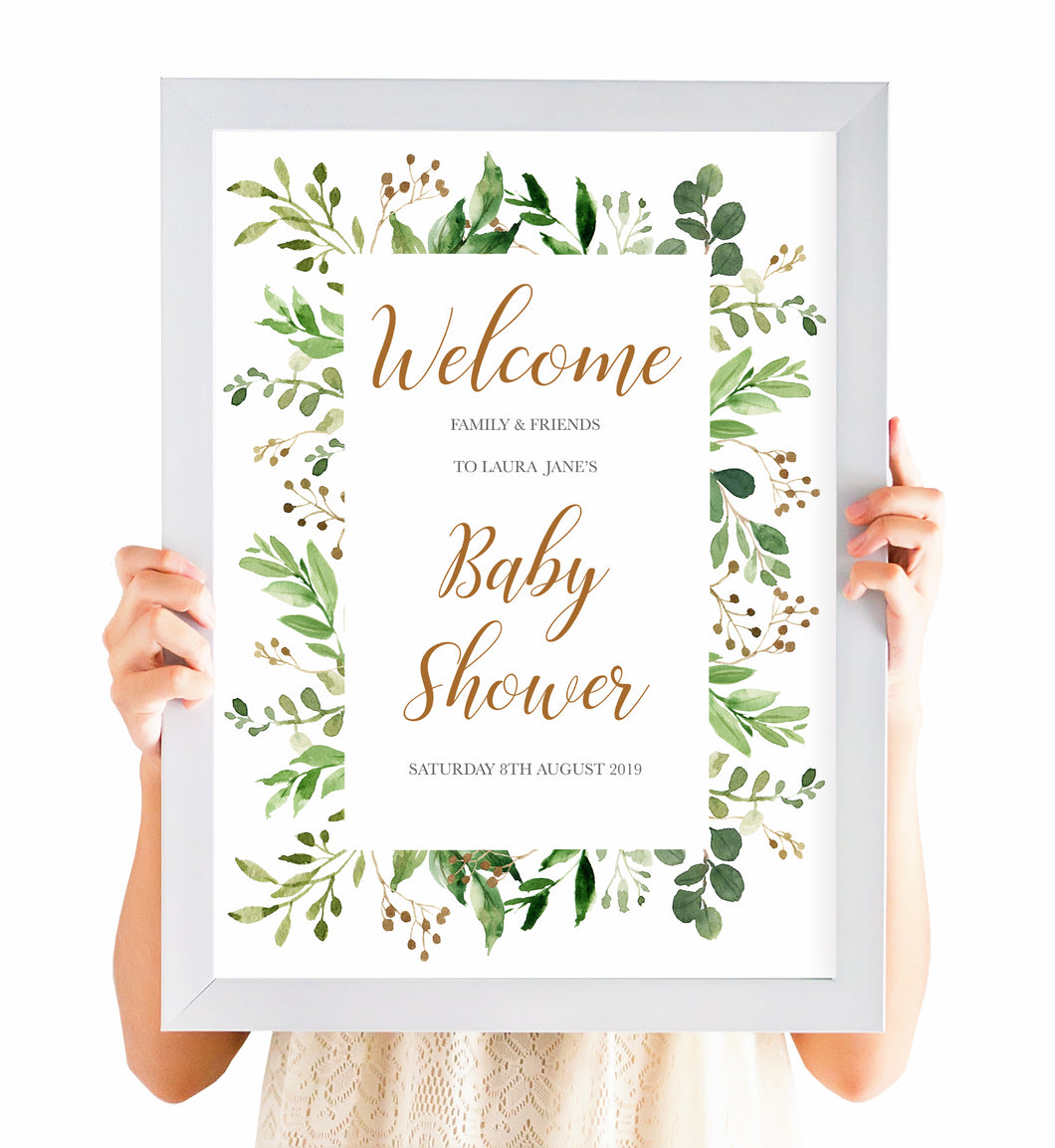 Foliage Baby Shower Welcome Poster, Greenery Baby Shower, Green Leaf