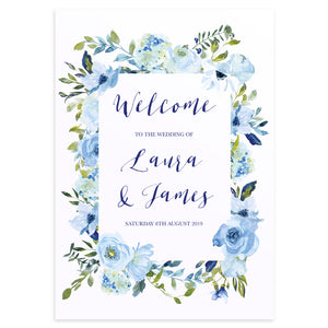 Blue Floral Welcome Sign, Welcome Sign, Blue Watercolour flowers, Baby Blue, Pastel Blue Wedding