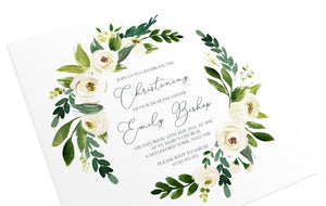 Ivory Floral Christening Invitations, Square, Baptism Invitation, White Roses, 10 Pack